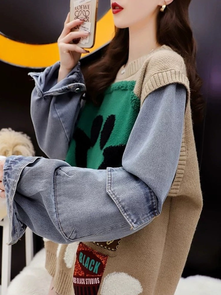 Denim Sleeve Patchwork Knitted Jeans Sweater