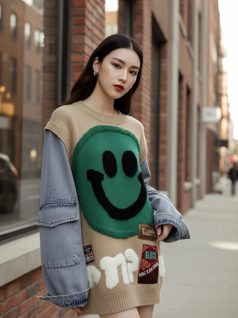 Denim-sleeve patchwork knitted sweater with beige body and large green smiley front patch