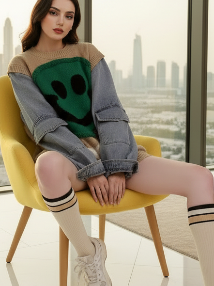 Denim sleeve patchwork knitted sweater in tan body with green front patch and blue denim sleeves by EXCLUSIVES