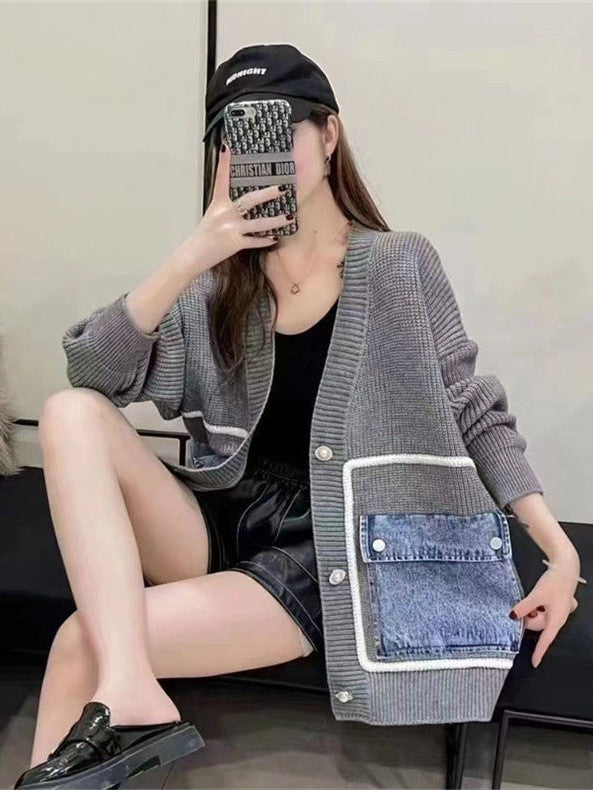 Denim Pocket  Sweater Coat