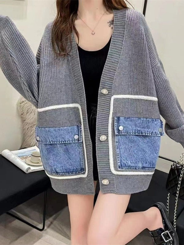 Denim Pocket  Sweater Coat