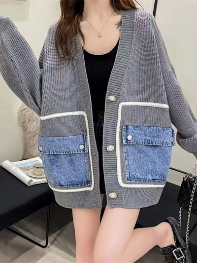 Denim Pocket  Sweater Coat