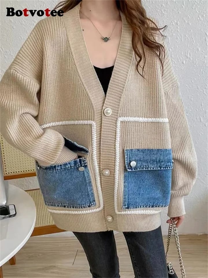 Denim Pocket  Sweater Coat