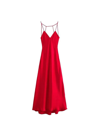Red satin maxi dress with thin spaghetti straps, V-neck, and crisscross back straps.