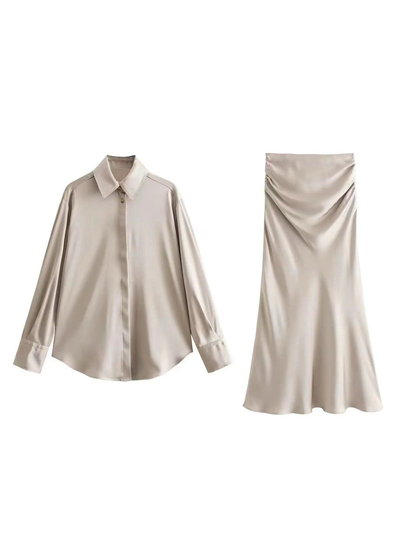 Plain Satin Beige Shirt & Skirt Coord Set