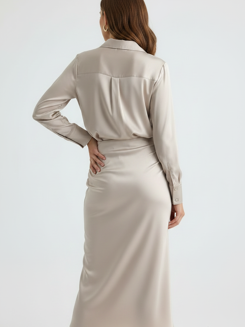Plain Satin Beige Shirt & Skirt Coord Set by EXCLUSIVES, satin finish two-piece combo set on sale
