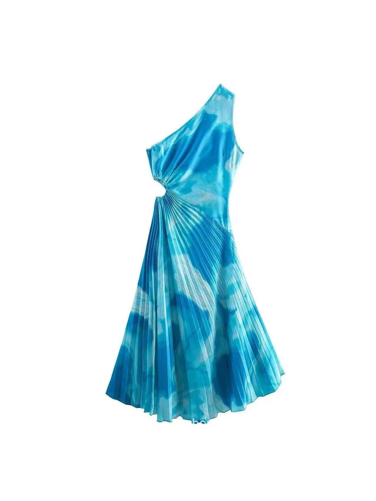 One Shoulder Tie Dye Print Pleated Cutout Dress