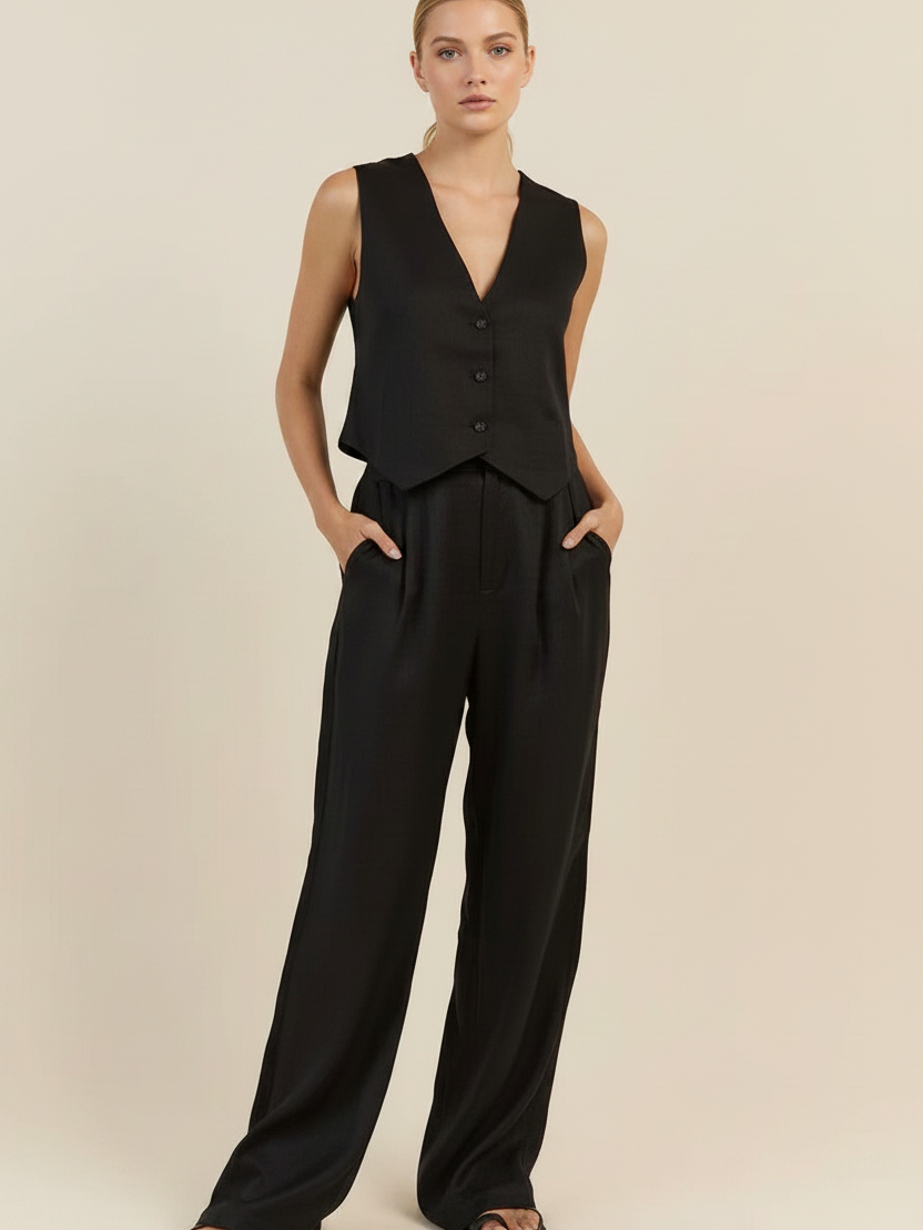 Waist Coat Vest & Wide Leg Pants Coord Set by Exclusives in black, sleeveless vest with wide-leg pants.
