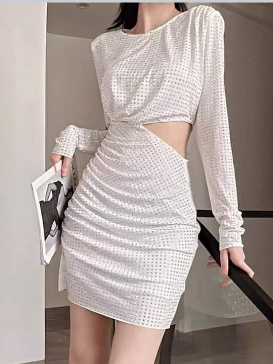 Rhinestone Mesh Studded Cutout Full Sleeves Dress