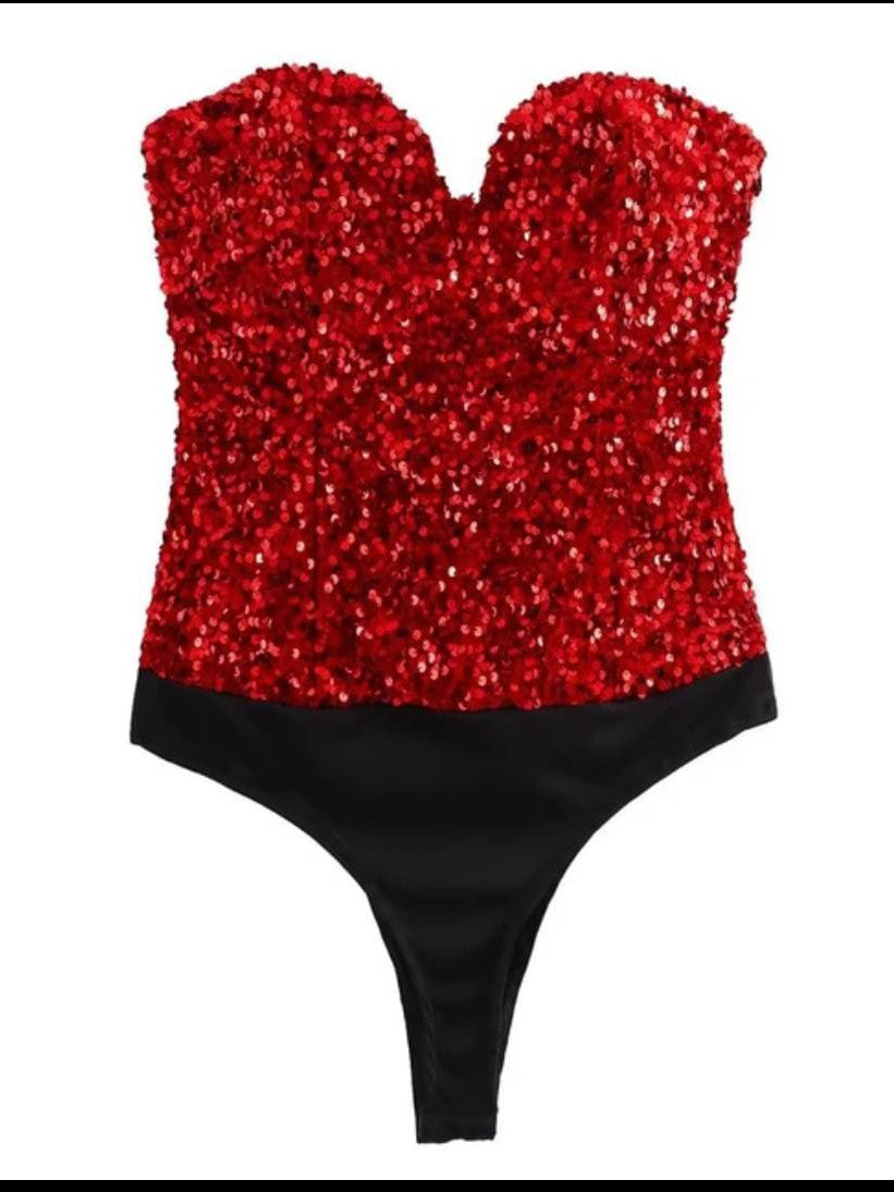 Bandeau Sweetheart Neck Tube Sequins Bodysuit