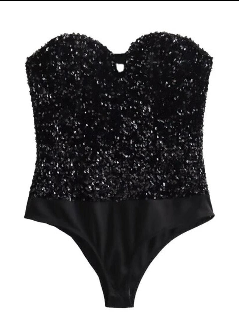 Bandeau Sweetheart Neck Tube Sequins Bodysuit