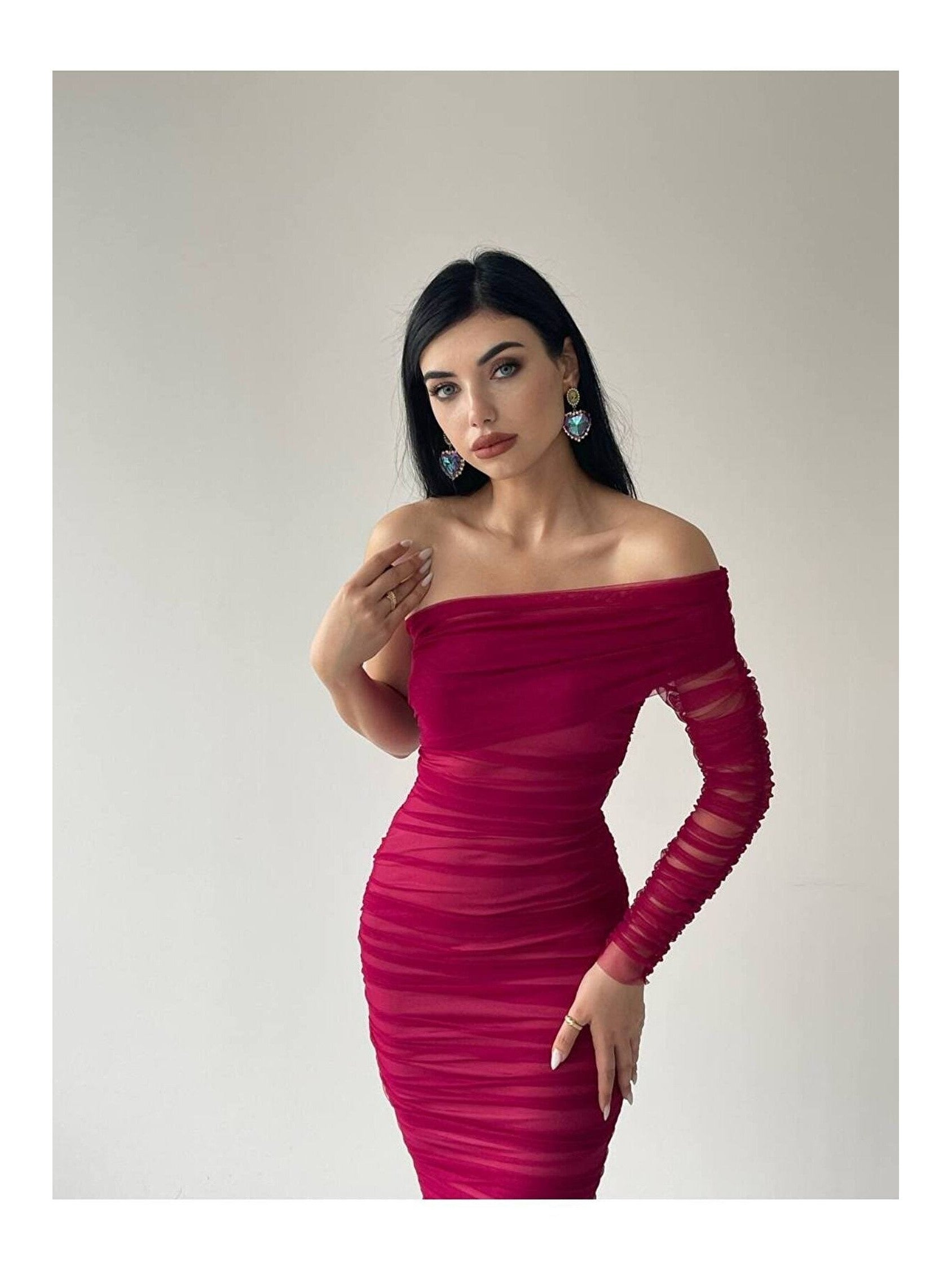One Shoulder Ruched Sleeves Mesh Dress