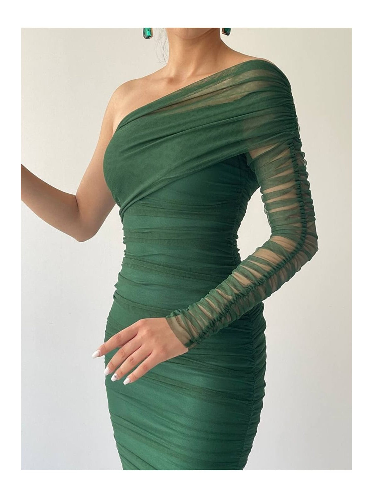 One Shoulder Ruched Sleeves Mesh Dress