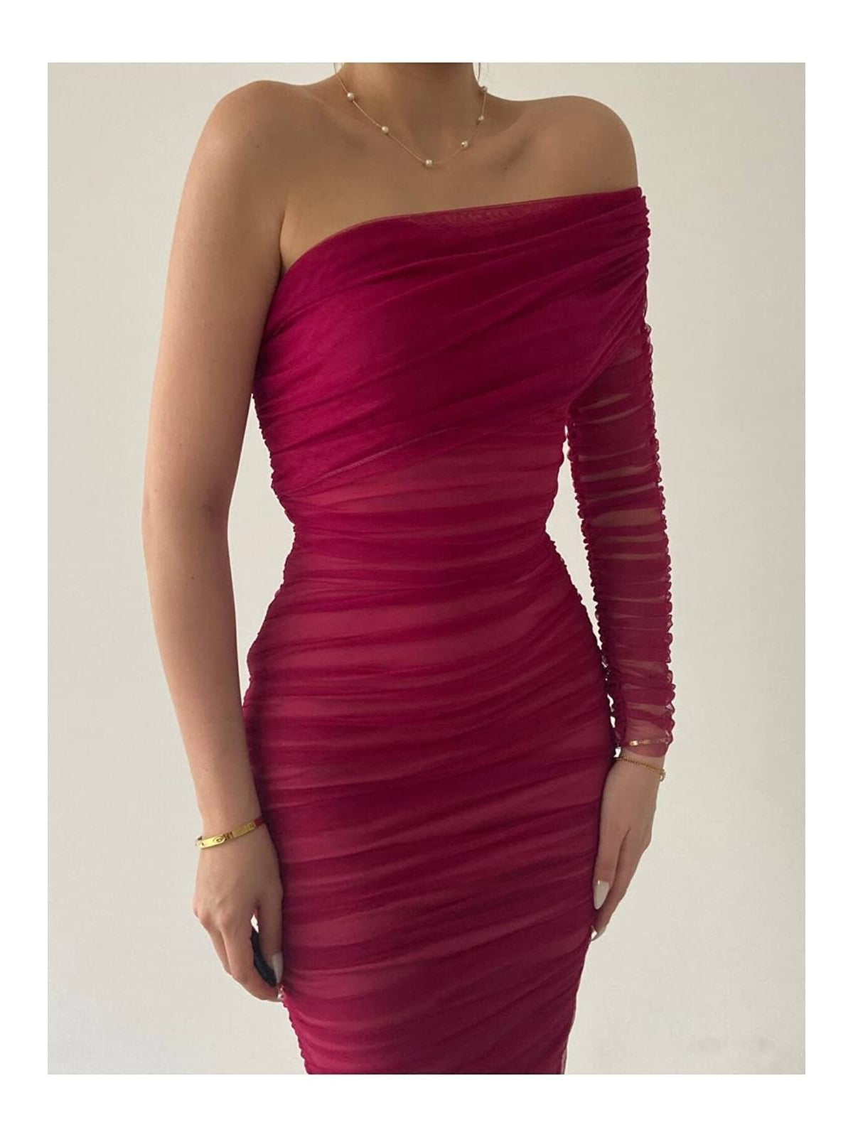 One Shoulder Ruched Sleeves Mesh Dress