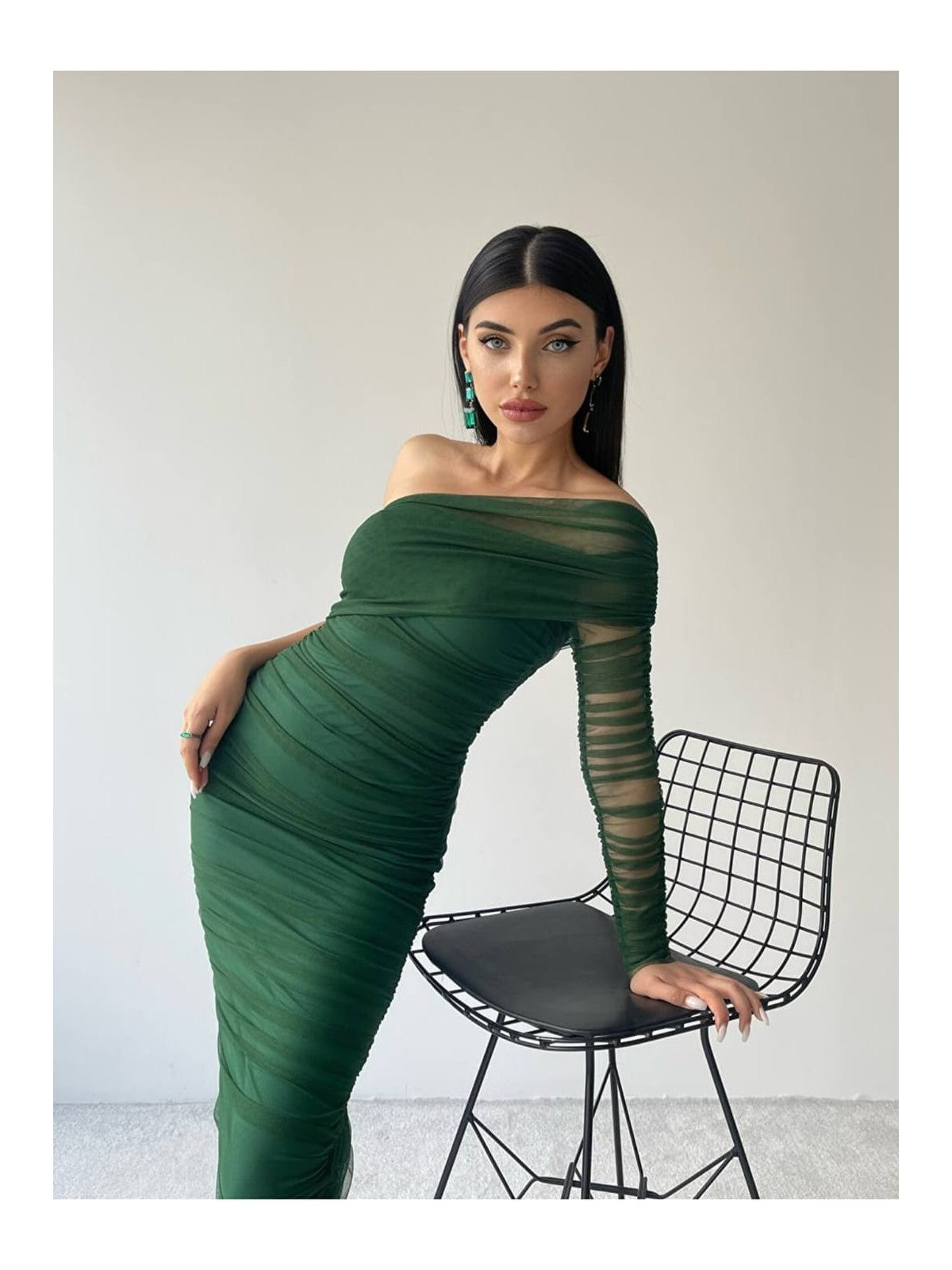 One Shoulder Ruched Sleeves Mesh Dress