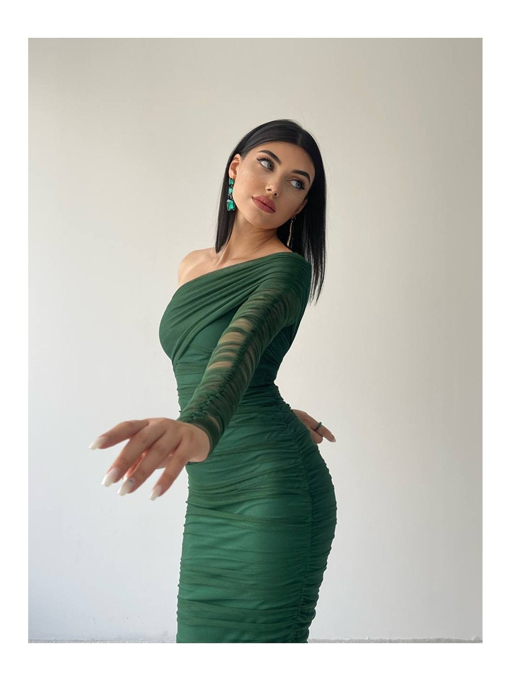 One Shoulder Ruched Sleeves Mesh Dress