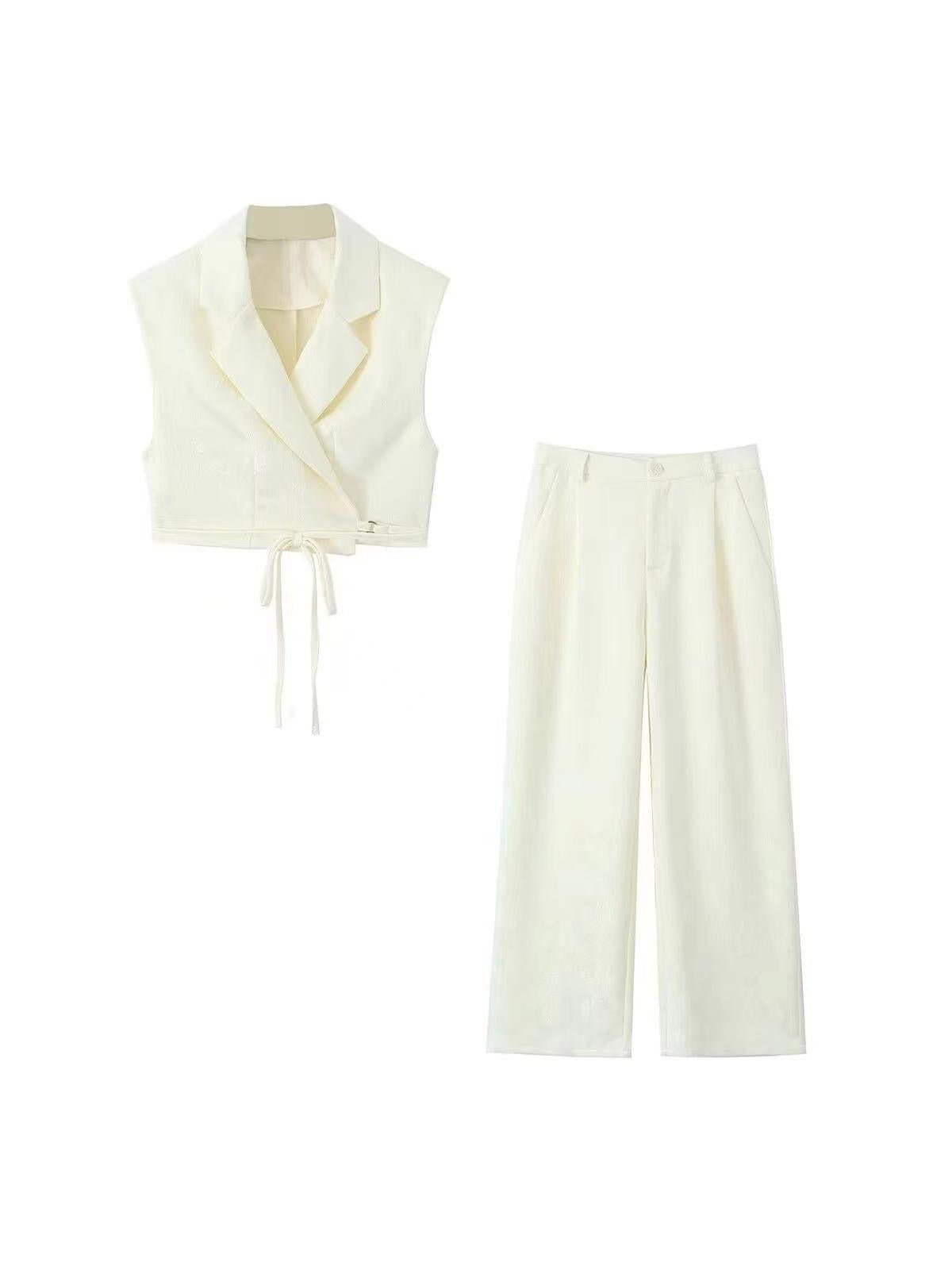 Cream jacquard cropped vest with lapels and waist tie, paired with matching wide-leg pants.