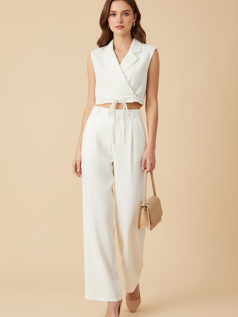 EXCLUSIVES Jacquard crop vest waistcoat and pants coord set in white wrap-front top with waist tie and wide-leg pants