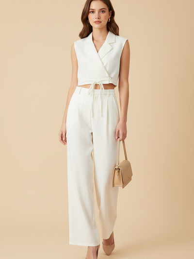 EXCLUSIVES Jacquard crop vest waistcoat and pants coord set in white wrap-front top with waist tie and wide-leg pants