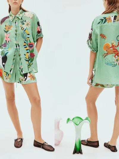 Floral Print Shirt & Shorts Coord Set Green