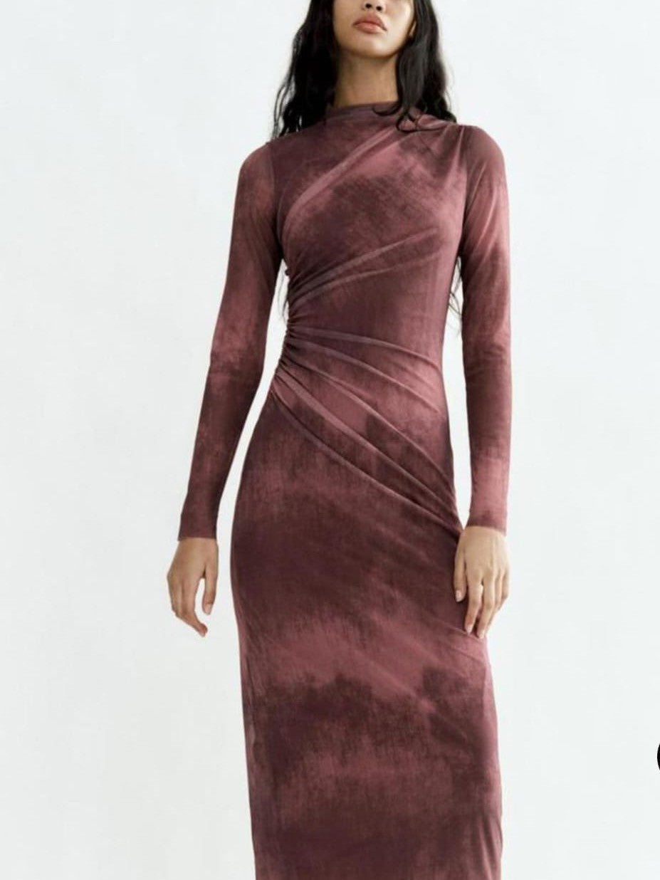 Burgundy tie-dye long-sleeve high-neck velvet dress with ruched waist and wrapped diagonal drape.