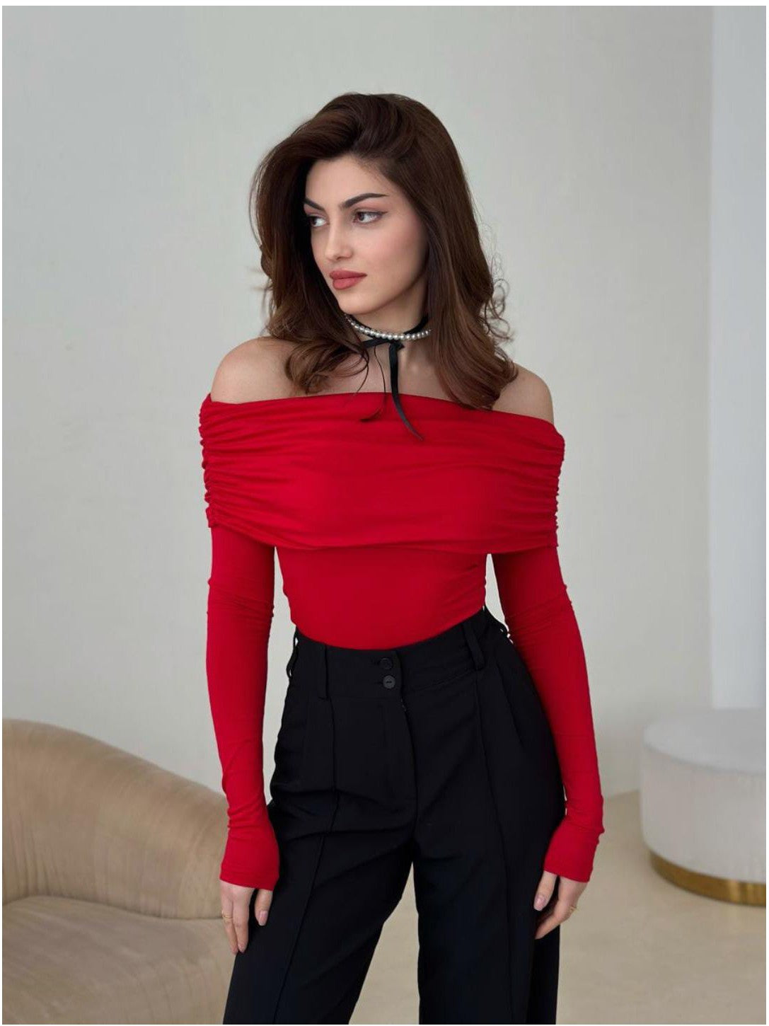 Red Mesh Off Shoulder Top