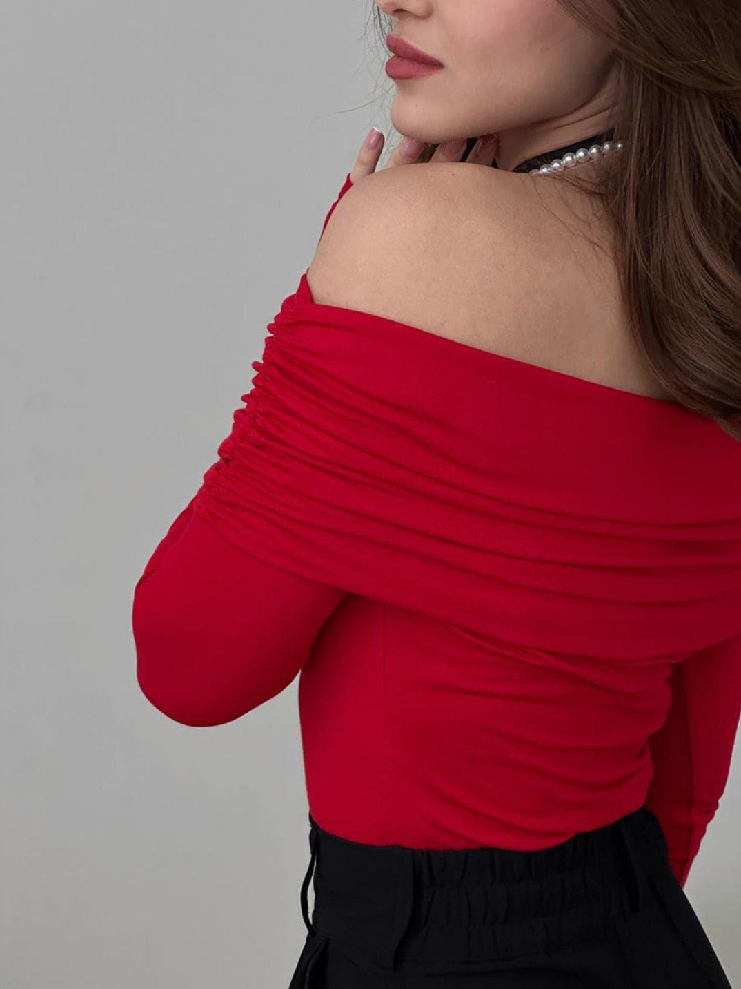 Red Mesh Off Shoulder Top