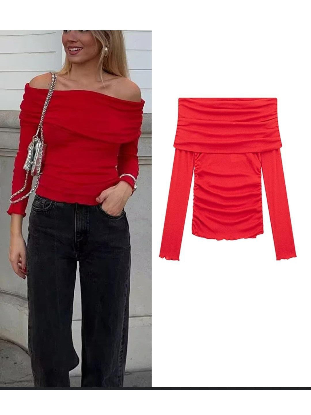 Red Mesh Off Shoulder Top