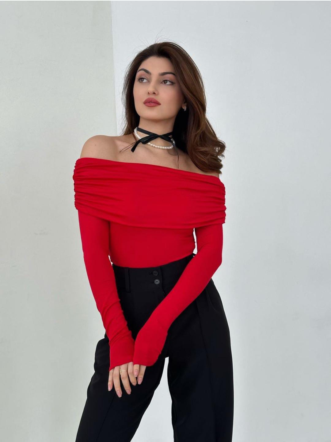 Red Mesh Off Shoulder Top