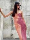 Pink Tie Dye Tube Bandeau Mesh Dress