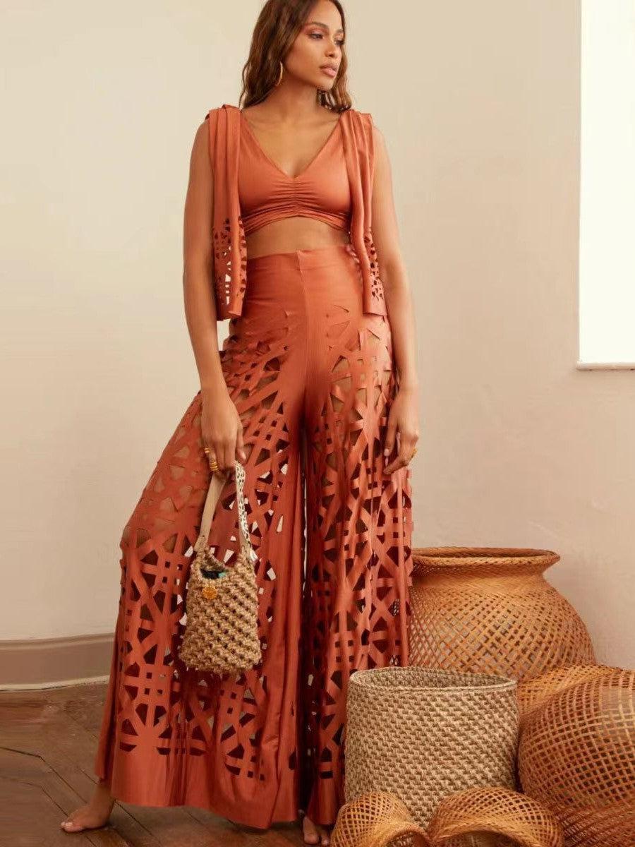Laser Cut Pattern V Neck Top & Pant Coord Set