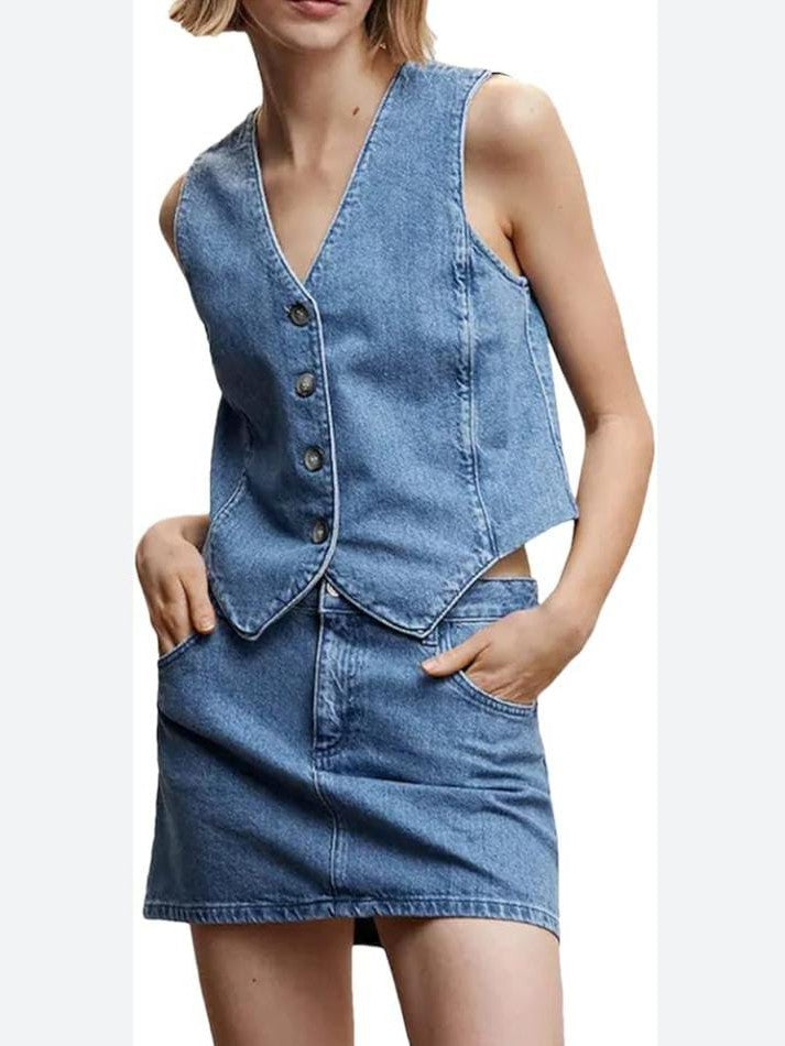Denim Vest Coat And Mini Skirt Coord Set