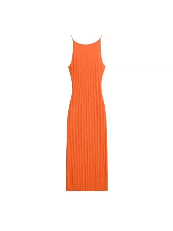 Knitted Ribbed Stripe Sleeveless Midi Dress