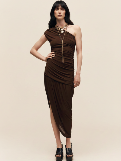 EXCLUSIVES Asymmetric Draped One Shoulder Dress in chocolate brown