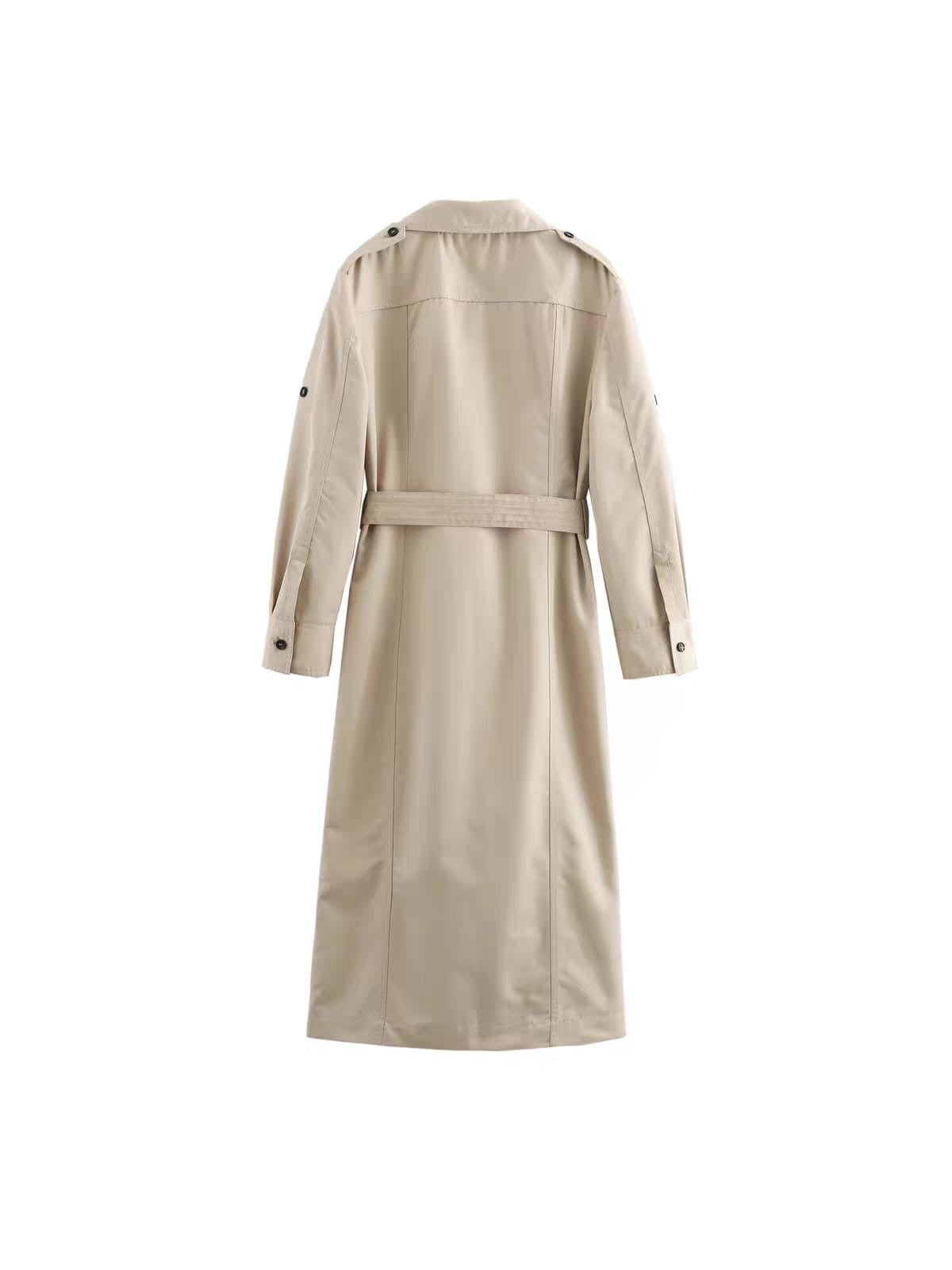 Beige belted Long trench coat dress With Belt