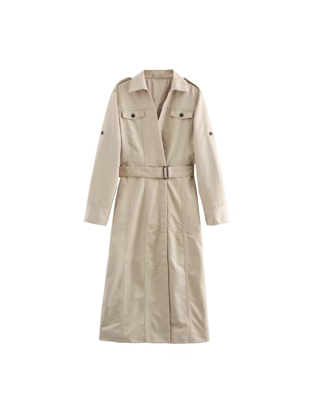 Beige belted Long trench coat dress With Belt