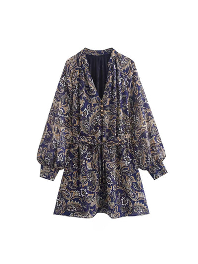 Paisley Print Long Sleeves Short Dress