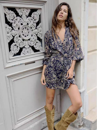 Paisley Print Long Sleeves Short Dress