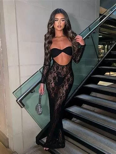 See Through Cutout Lace Maxi Dress