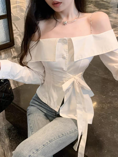 Off Shoulder Asymmetric Lace-up Shirt