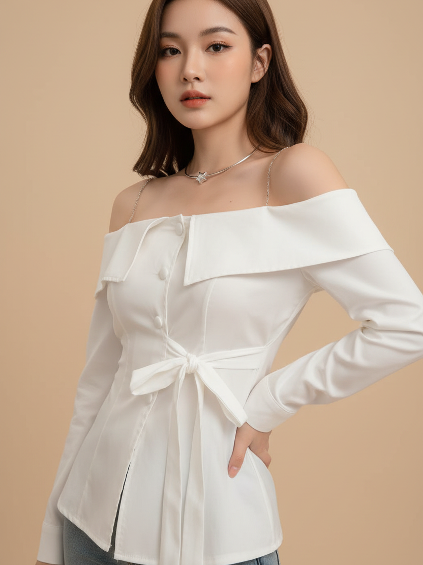 Off-Shoulder asymmetric lace-up shirt in white with waist tie and long sleeves by EXCLUSIVES