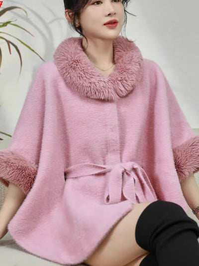 Woolen Fur Cape Jacket With Belt