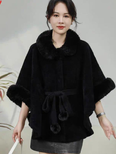 Woolen Fur Cape Jacket With Belt