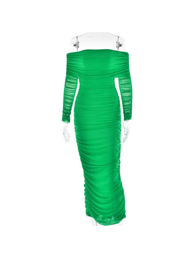 Off Shoulder Ruched Slit Midi Dress