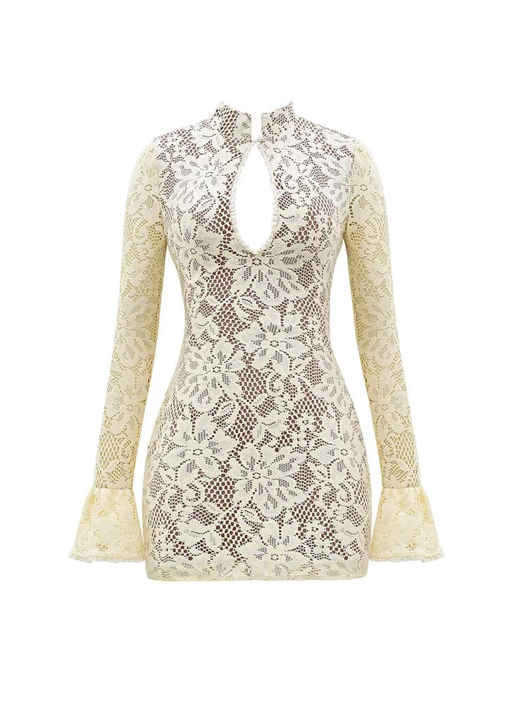 Bell Sleeves Floral Lace Hollow out Short Dress