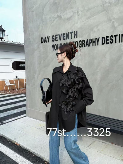 Black Flower Applique Oversized fit Shirt dress