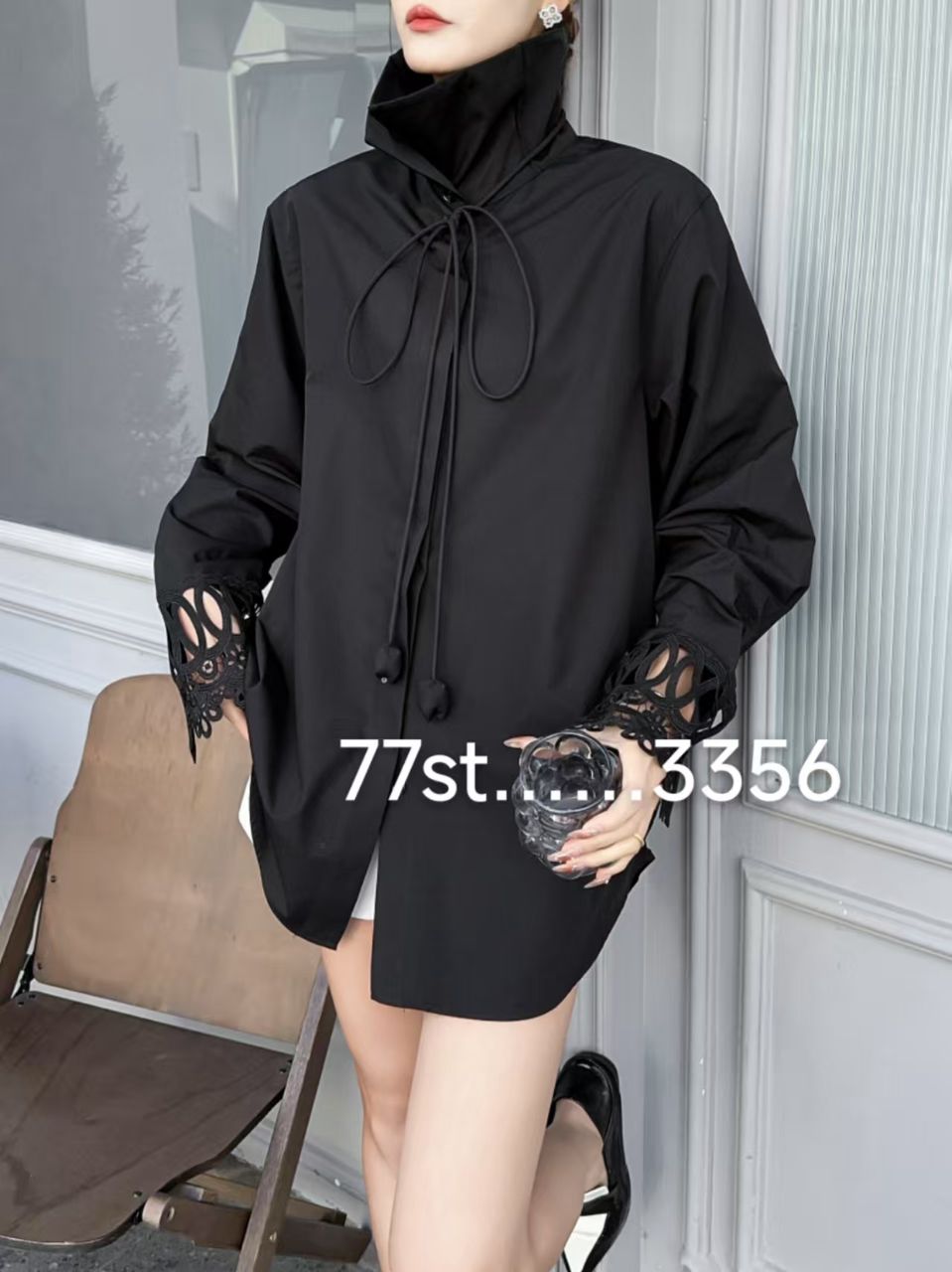 Oversized Fit Embroidered Sleeves Lace up Shirt dress