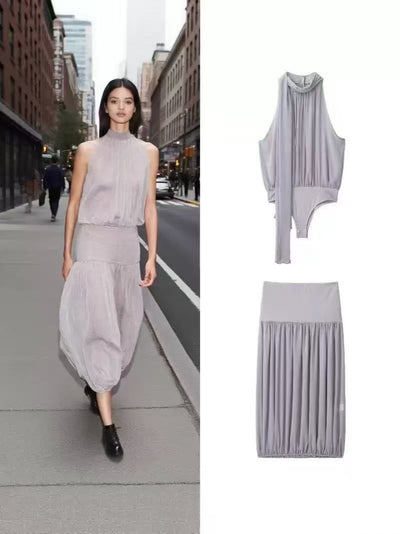Luna Grey Draped Bodysuit & Balloon Skirt Set