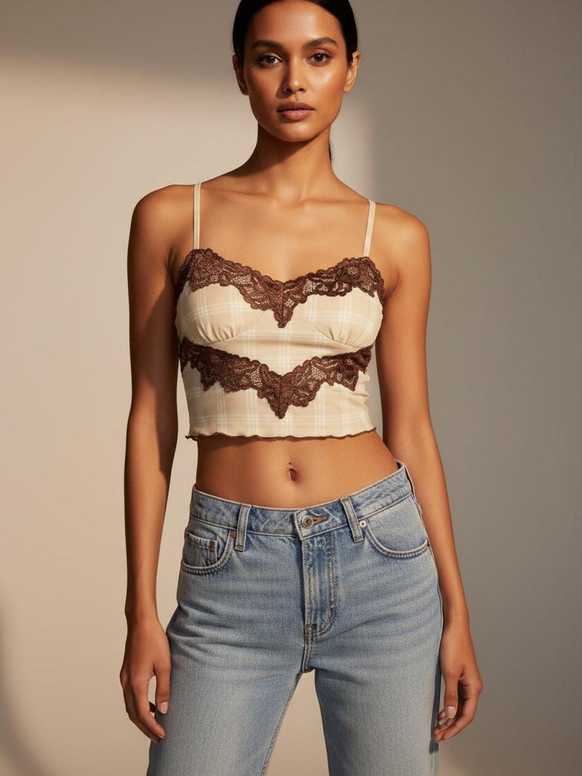 SR Store Lace Patchwork Crop Top, cream plaid with brown lace trim, tank top