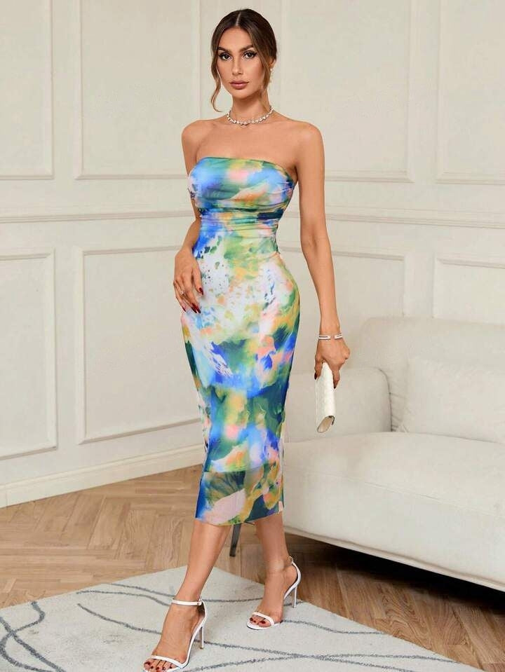 Strapless Tie Dye Tulle Tube Dress